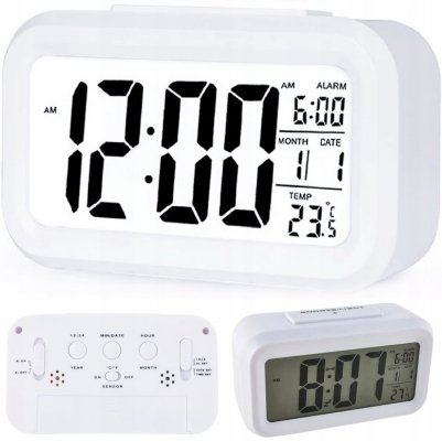 Budzik zegar elektroniczny data temperatura biały