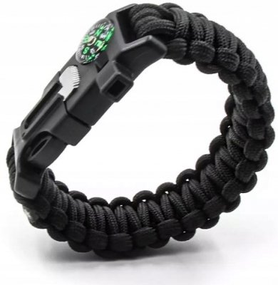 Bransoletka paracord krzesiwo kompas gwizdek survival czarna 5w1