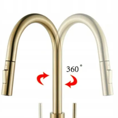 Bateria kuchenna szczotkowane złoto z wyciąganą wylewką – elegancka, obrotowa