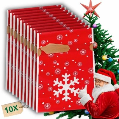 Woreczki świąteczne foliowe ze śnieżynkami XL 10 sztuk z wstążką