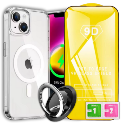Etui ochronne 3w1 do iPhone 15 z uchwytem ring i szkłem 9H – zestaw Clear 360°