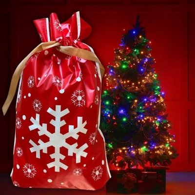 Woreczki świąteczne foliowe ze śnieżynkami XL 10 sztuk z wstążką