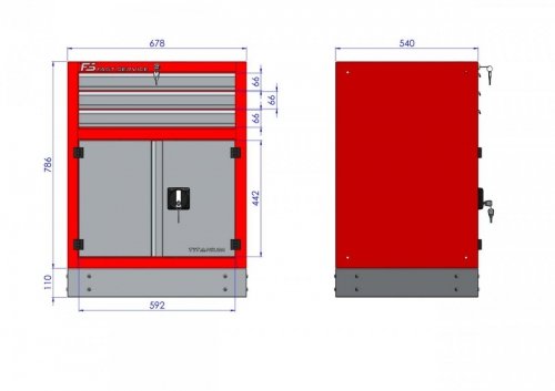 Szafka warsztatowa z 3 szufladami i drzwiami – T-30 wymiary