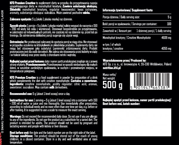 KFD Premium Creatine 500g Truskawka-Poziomka informacja żywieniowa