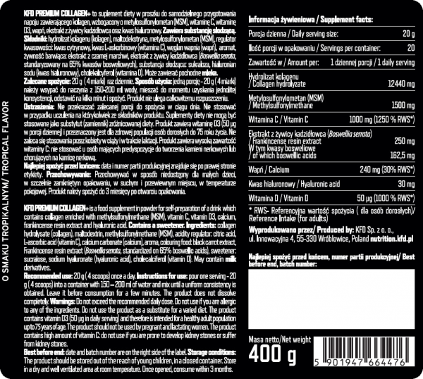 Kolagen KFD Premium Collagen+ 400g Owoce Tropikalne informacja żywieniowa