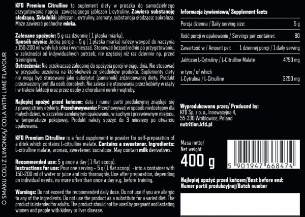 Przedtreningówka KFD Premium Citrulline 400g Cola z Limonką Informacja żywieniowa 