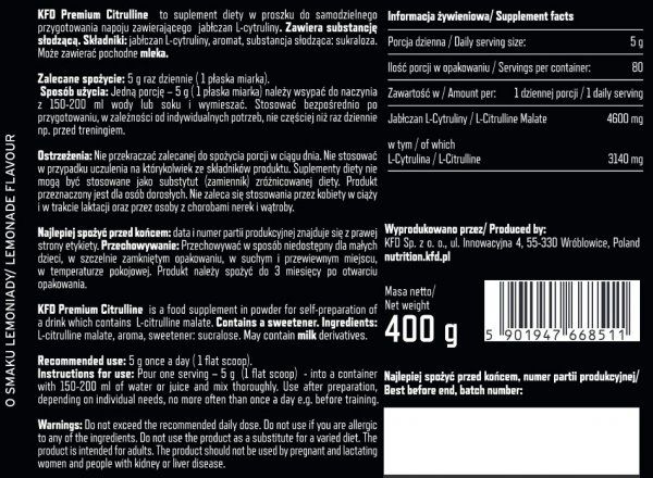 Informacja żywieniowa KFD Premium Citrulline 400g Lemoniada