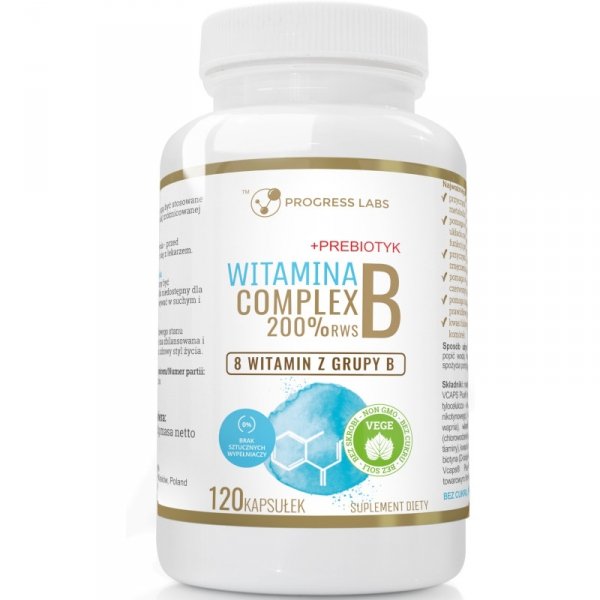 Witamian B Complex 200% RWS B1 B2 B3 B5 B6 B7 B9 B12 + Prebiotyk 120 kaps. Progress Labs