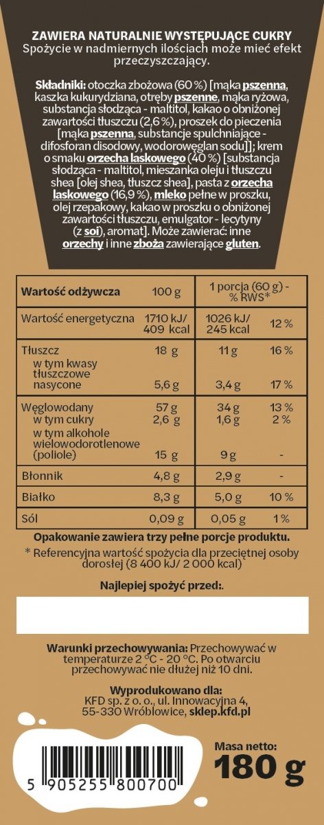 Informacja żywieniowa KFD Pillows Cacao&amp;Nut 180g z Kremem Kakaowo-Orzechowym