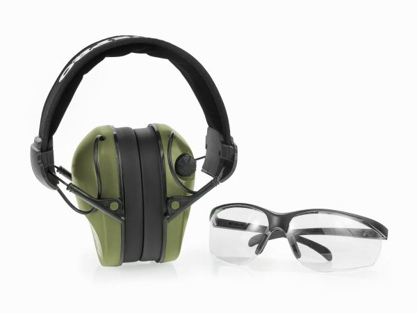 Słuchawki ochronne aktywne RealHunter ACTiVE Pro oliwkowe + okulary ochronne