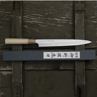 Hideo Kitaoka Aogami#2 Satin Damascus Nóż Yanagiba 27 cm