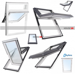 Okno dachowe Skyfens Supro Triple okno wychylne tworzywo - profil PVC biały Uw = 1,2 Okno dachowe wychylne trzyszybowe 7043 8019 Klamka podłogowa RAL
