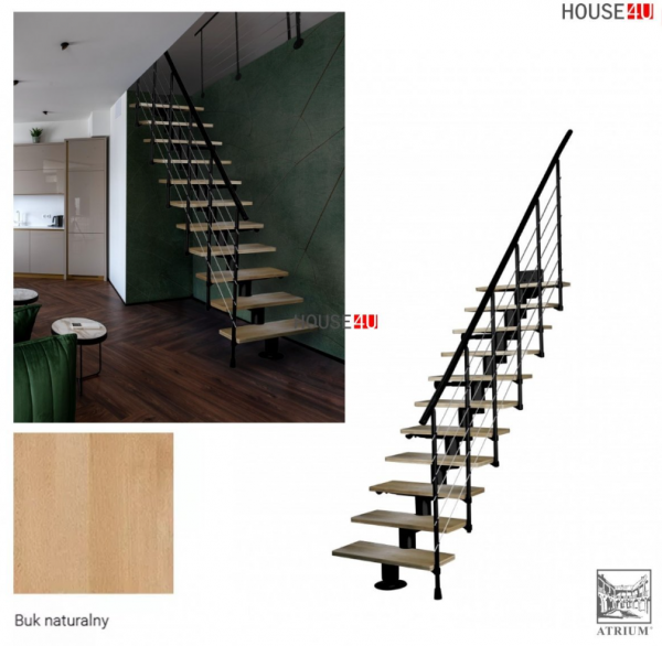 Schody środkowe policzkowe schody systemowe ATRIUM DIXI RAL 9005 czarny 11 stopni buk naturalny schody systemowe średniej wielkości, wysokość podłogi: 222 - 300 cm ilość podstopnic: 11 sztuk.