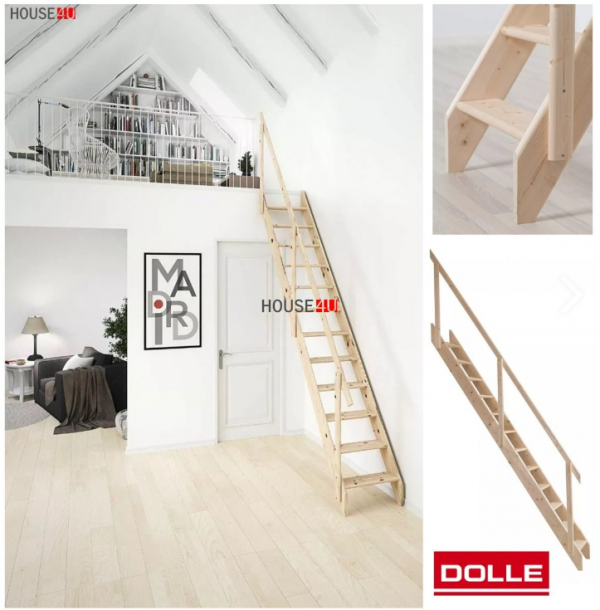 Oszczędzające miejsce schody Dolle Madrid, świerk, wysokość podłogi 283,5 cm, szerokość z poręczą 57,2 cm. Prosty bieg, schody z 12 stopniami o głębokości 14,20 cm