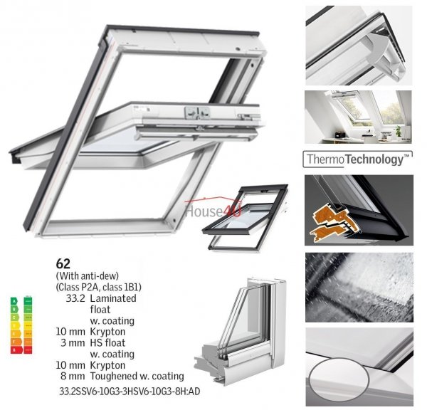 Okno Dachowe Velux GGU 0062 Uw = 0,92 Drewniano-poliuretanowe białe okno obrotowe superenergooszczędne, szkło hartowane i laminowane P2A z pakietem świetnej redukcji hałasu