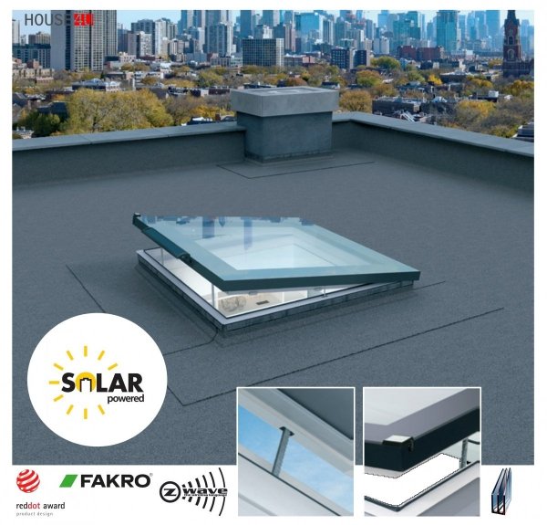 Fakro Okno do dachu płaskiego DEF DU8 z ultra-energooszczędną szybą DU8 Uw=0,64 W/m2K, otwierane elektryczne, bezprzewodowy system Z-Wave