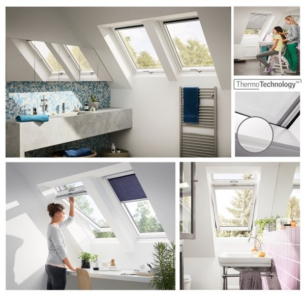 Okno Dachowe Velux GLU 0051 Uw = 1,3 Drewniano-poliuretanowe białe okno obrotowe z górnym otwieraniem i energooszczędnym, hartowanym pakietem szybowym