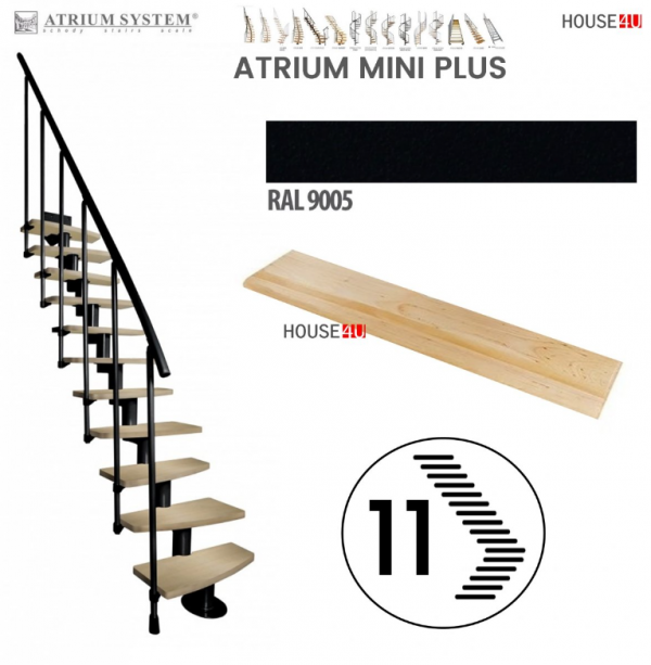 Schody środkowe policzkowe modułowe Schody systemowe ATRIUM MINI PLUS 9005 czarne 11 stopni Buk naturalny z dodatkową poręczą schody systemowe Wysokość kondygnacji: 222 - 300 cm Ilość podstopnic: 11 sztuk.