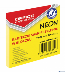 Bloczek samoprzylepny 76x76 mm 1x100 kart. neon żółty OFFICE PRODUCTS