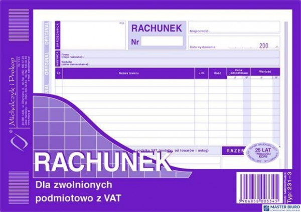 Rachunek dla zwolnionych podmiotowo z VAT A5, 80 kartek (1+1) 10-231-3 DOTTS