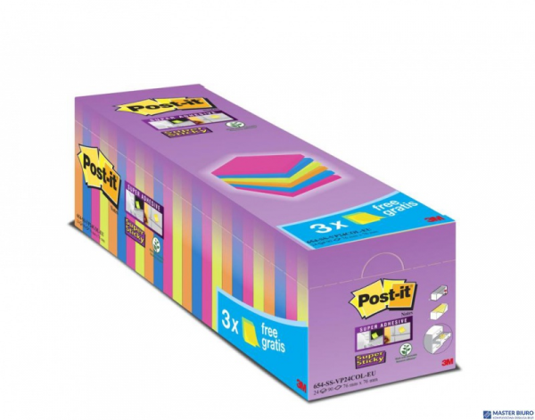 Karteczki Samoprzylepne Post-it_ Super Sticky _21 bloczków + 3 GRATIS, każdy po 90 kolorowych karteczek 76x76mm_654-SS-VP24COL 3
