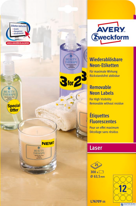 Etykiety papierowe śr. 63,5 mm, żółte neonowe kolory, etykiety okrągłe z usuwalnym klejem, etykiety do oznaczenia 25 ark. / op.,
