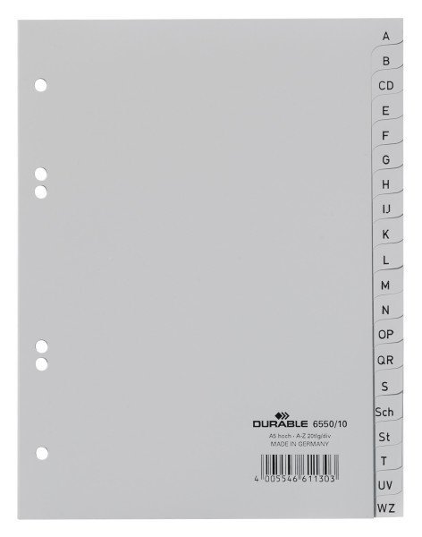 Przekładki A5 A-Z PP szare 6550 DURABLE