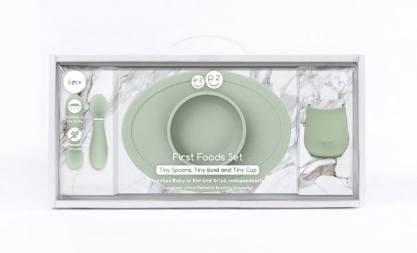 EZPZ Komplet pierwszych naczyń silikonowych First Foods Set pastelowa zieleń