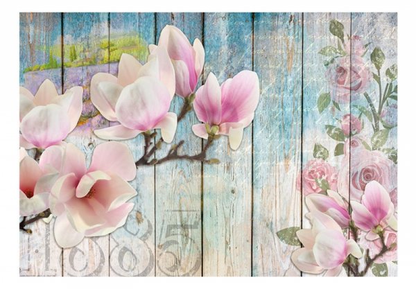 Fototapeta - Różowe kwiaty na drewnie