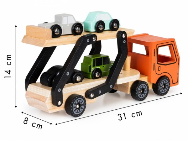 Drewniana zabawka ciężarówka tir laweta 4 autka