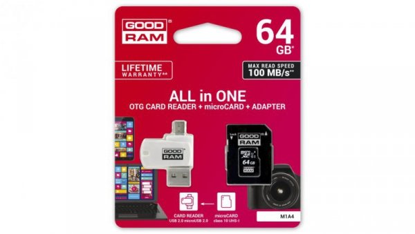 Karta pamięci z adapterem i czytnikiem kart GoodRam All in one M1A4-0640R12 (64GB Class 10 Adapter, Czytnik kart MicroSDHC, Kart