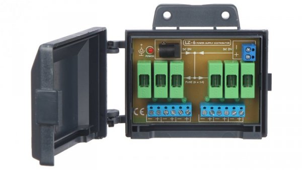 Dystrybutor zasilania (łączówka, rozgałęźnik) 2-we/6-wy max.24VDC 6A bezpiecznik 6x1A obudowa na ścianę LZ-6