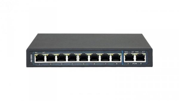 Niezarządzalny przełącznik (switch) 10xRJ45 - 8 portów RJ45 PoE+ 1Gb/s + 2 porty RJ45 Uplink 1Gb/s AVIZIO