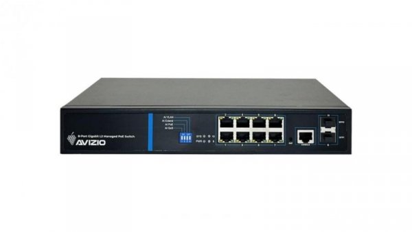 Zarządzalny przełącznik L2 (switch) 8 portów RJ45 PoE+ 1Gb/s + 2 porty SFP Uplink 1Gb/s + 1 port konsolowy RJ45 AVIZIO