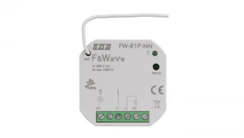 Radiowy pojedyńczy przekaźnik wielofunkcyjny, do instalacji bez przewodu neutralnego FW-R1P-NN