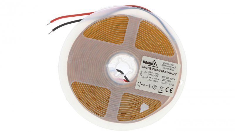 TAŚMA LED PREMIUM 12V DC COB 2400LED/5M 6,5W/1m IP20 3LATA GW. BIAŁA CIEPŁA D87-LS-COB-2400-IP20-AWW-12V