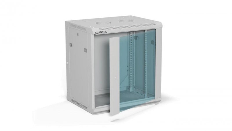 Szafa rack wisząca 19 cali 12U 600x450, drzwi szklane, tył i osłony boczne demontowalne, FLAT PACK kolor szary ALANTEC