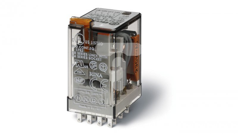 Przekaźnik miniaturowy 4P 7A 24V DC, przycisk testujący, LED, mechaniczny wskaźnik zadziałania 55.34.9.024.0074