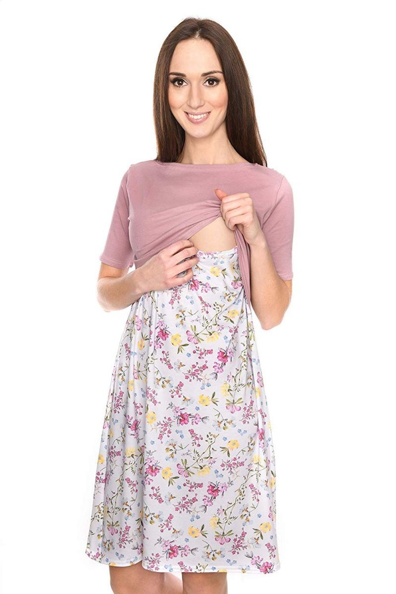 MijaCulture Pretty Maternity and Pregnancy Dress &quot;Ali&quot; 7146 Pink/Flowers