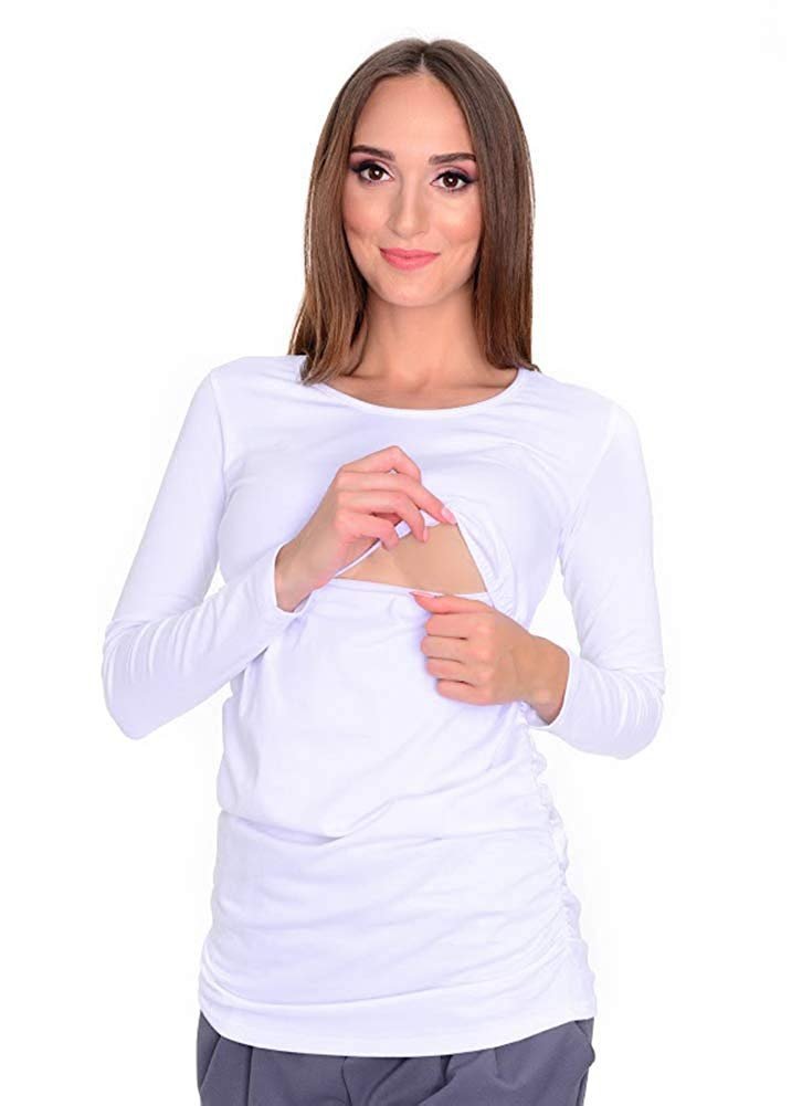 MijaCulture – 2 in 1 Maternity and Nursing Shirt top 95% Cotton 3075  White