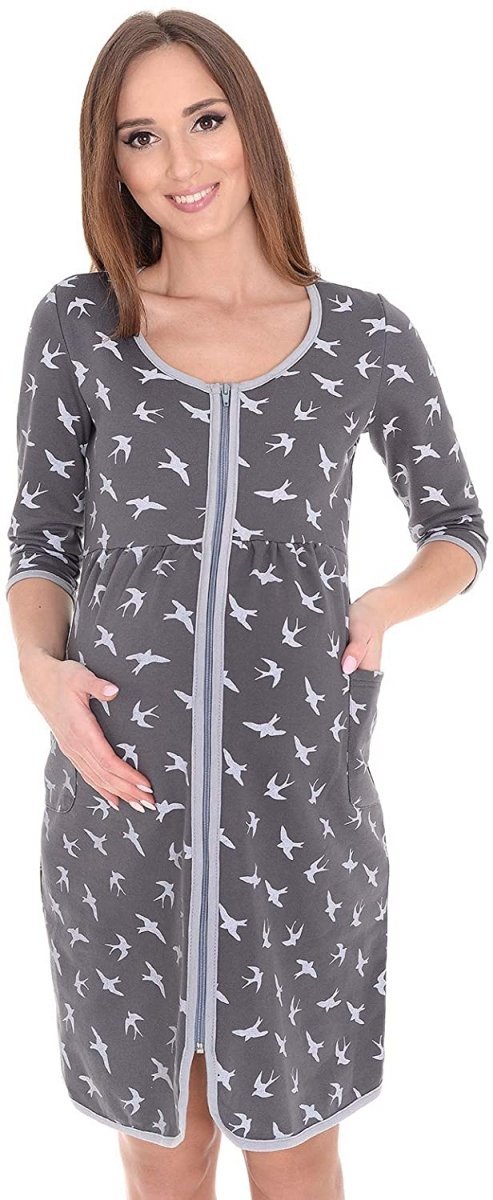 MijaCulture - szlafrok 2 w 1 ciążowy i do karmienia 4026 grafit/ptaki1