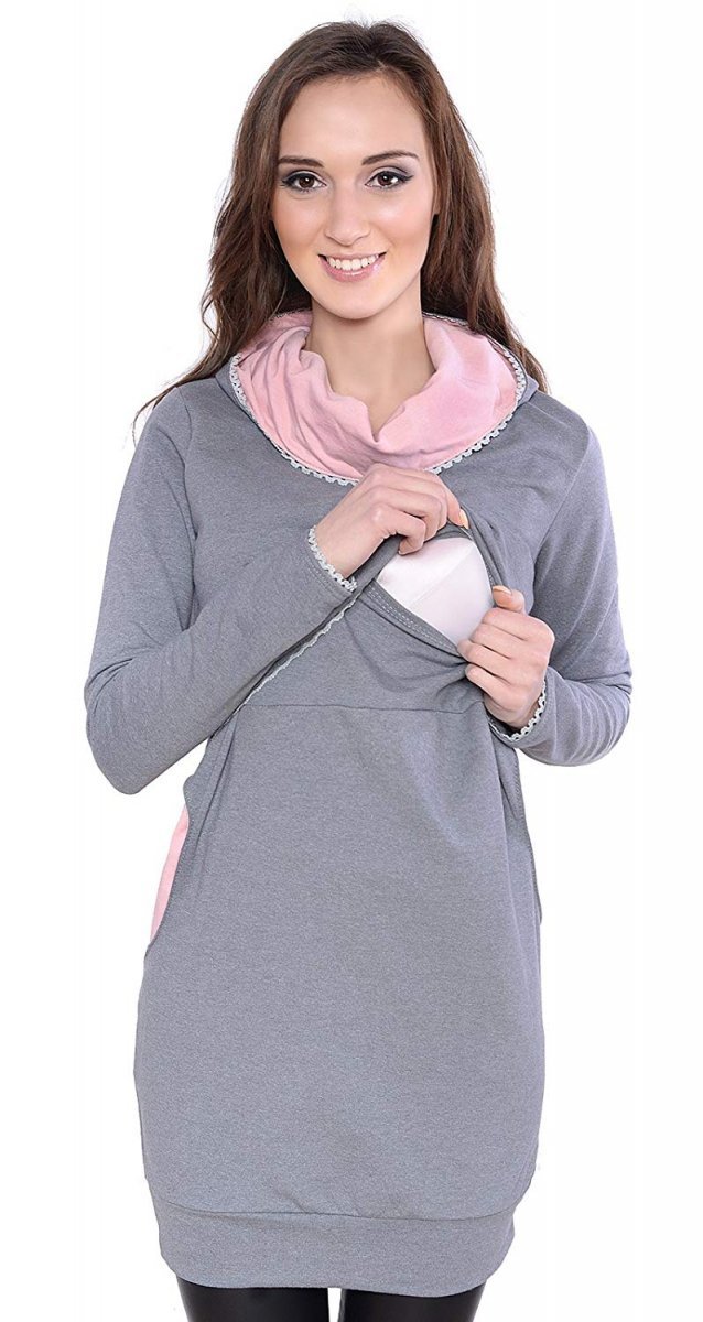 MijaCulture – Cute 2 in1 Maternity and Nursing Pullover Sweater Sweatshirt Ellie 7129  Grey / Pink