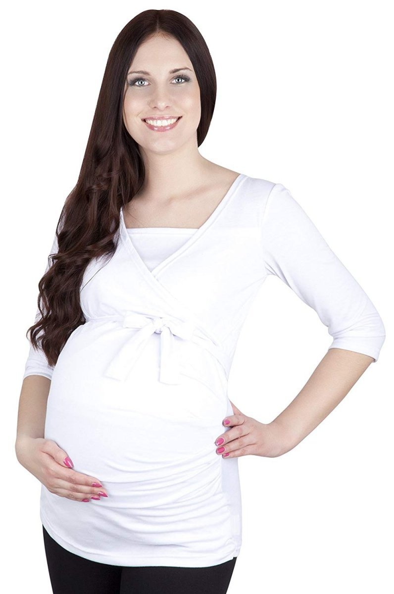 MijaCulture – Elegant maternity and nursing shirt top 3/4 and long sleeve + belt 4004/M23 White