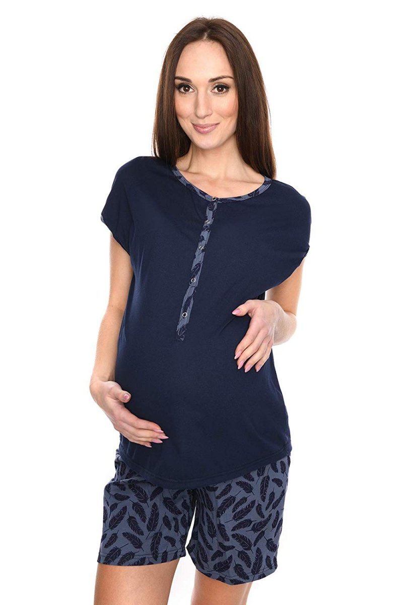MijaCulture 3 in1 Short Maternity and Nursing 2-Peace Pyjama Set for Summer 4118/M79 Navy / Feathers