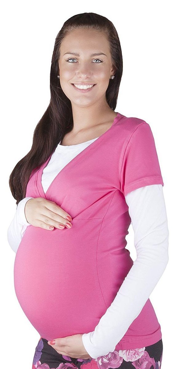 MijaCulture – Casual Soft Cotton Maternity and Nursing long sleeve top shirt 9016 Pink / White