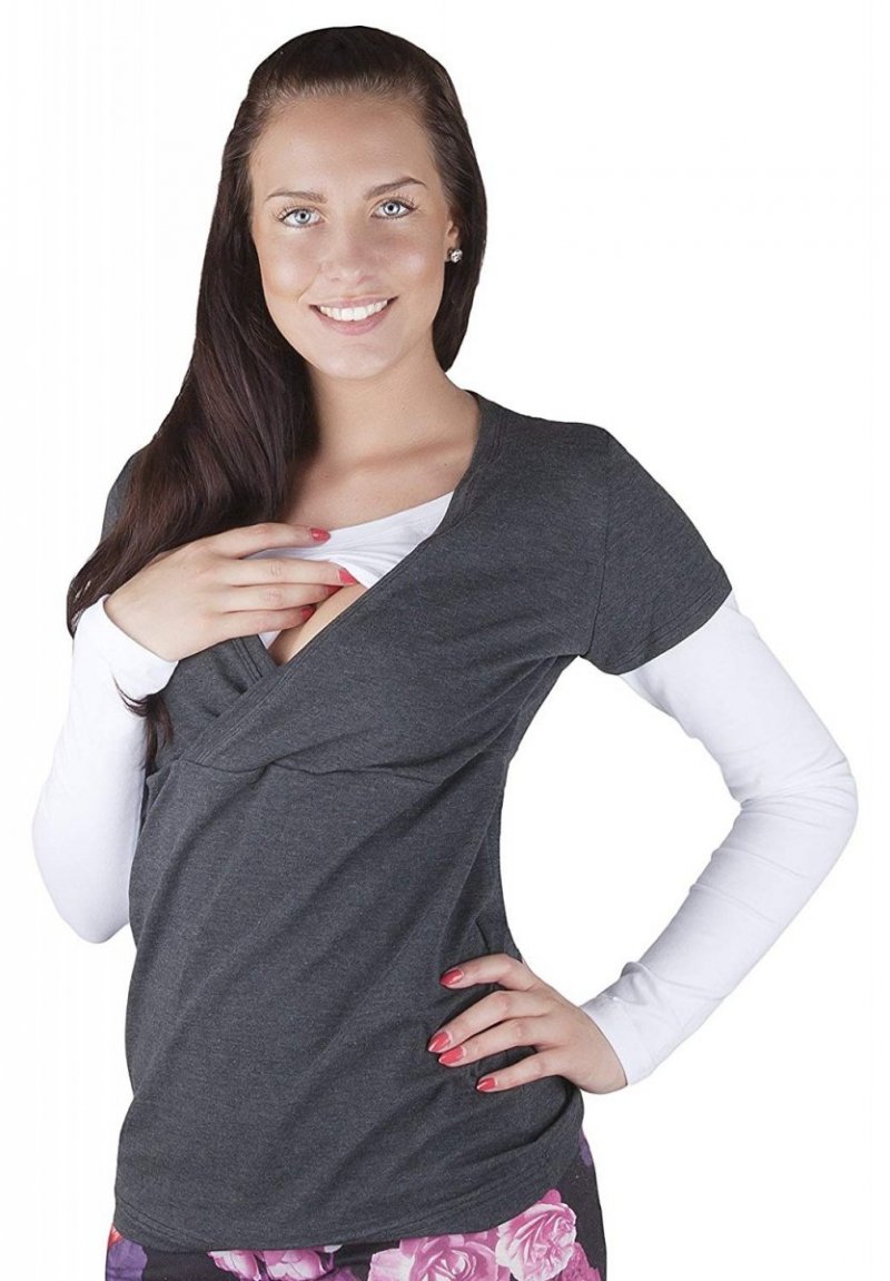 MijaCulture – Casual Soft Cotton Maternity and Nursing long sleeve top shirt 9016  Graphite / White