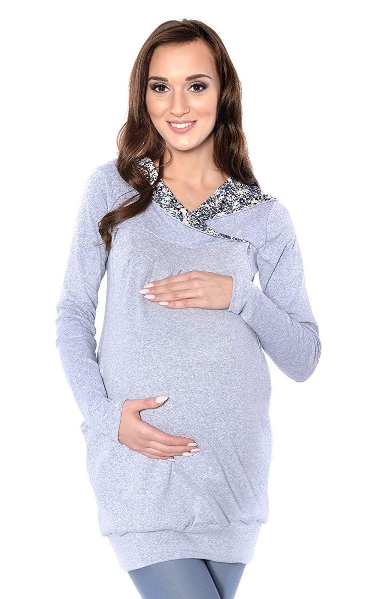 MijaCulture – 2 in 1 Maternity &amp; Nursing breastfeeding warm Hoodie Top Pullover Mimi 7102A  Light Grey