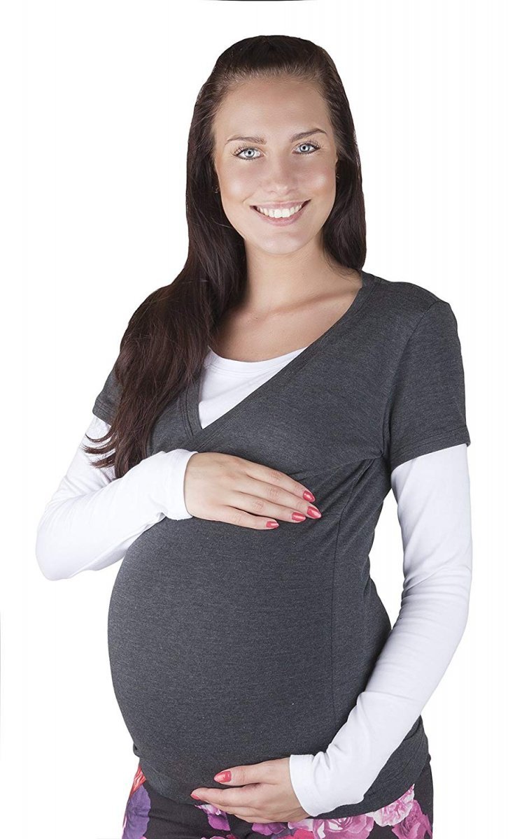 MijaCulture – Casual Soft Cotton Maternity and Nursing long sleeve top shirt 9016  Graphite / White