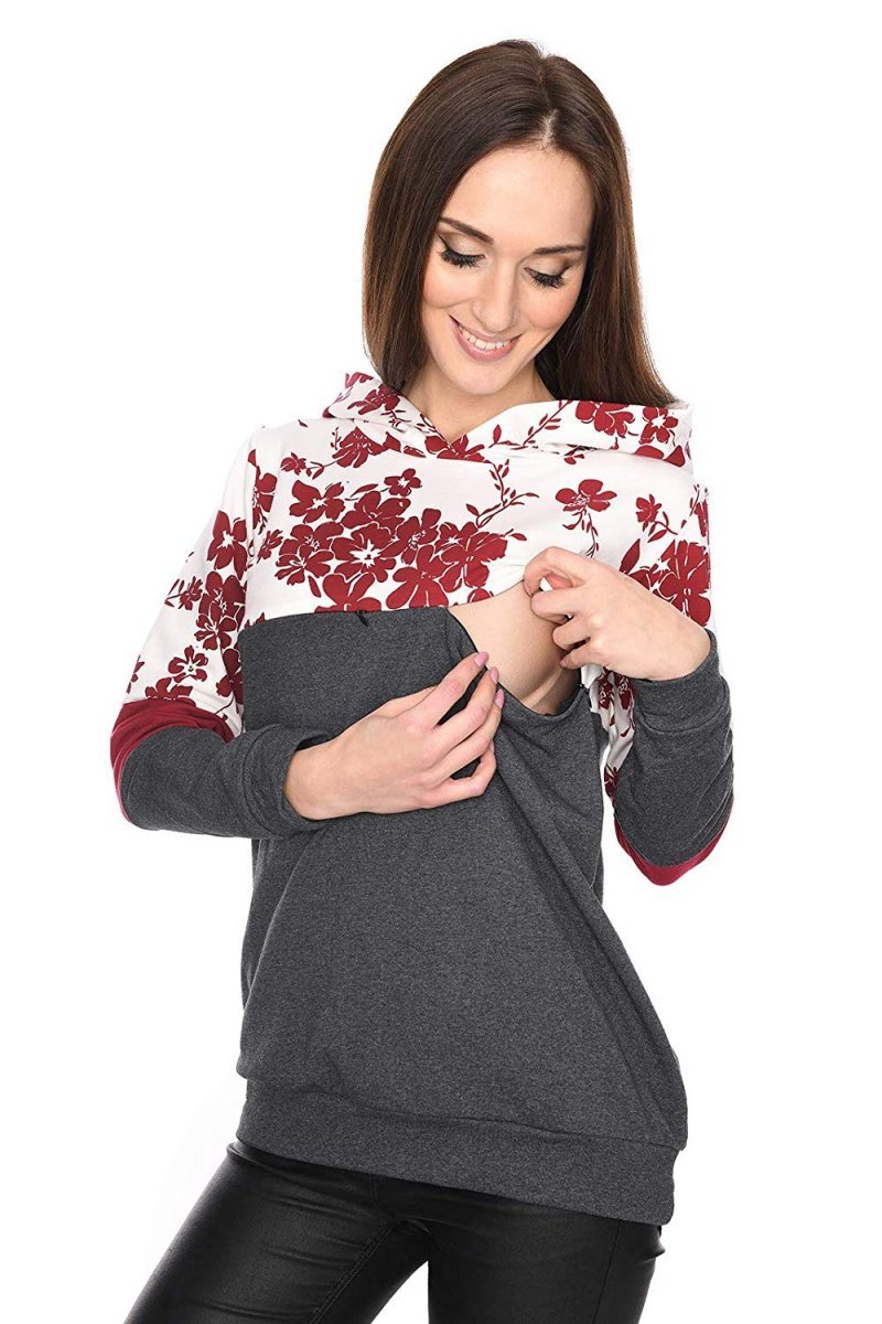 MijaCulture – Cute 2 in1 Maternity and Nursing Pullover Sweater Sweatshirt Jane 7144 Graphite / Burgundy