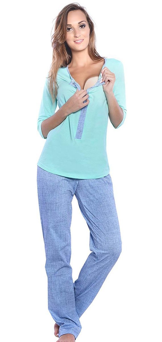MijaCulture - 3 in1 Maternity and Nursing 2-Peace Pyjama Set 4054/M52 Mint / Blue